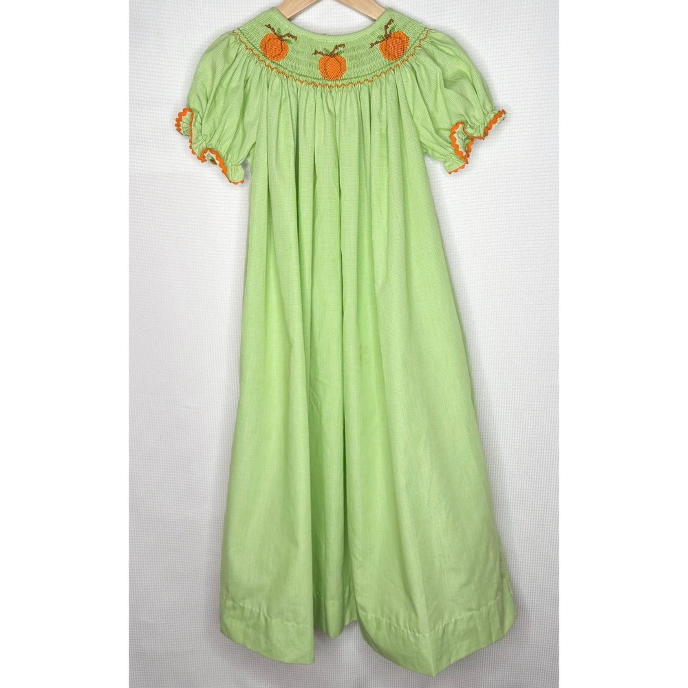 Stitched & Smocked Girls Green Gingham Pumpkin Smocked Bishop Dress Size 6